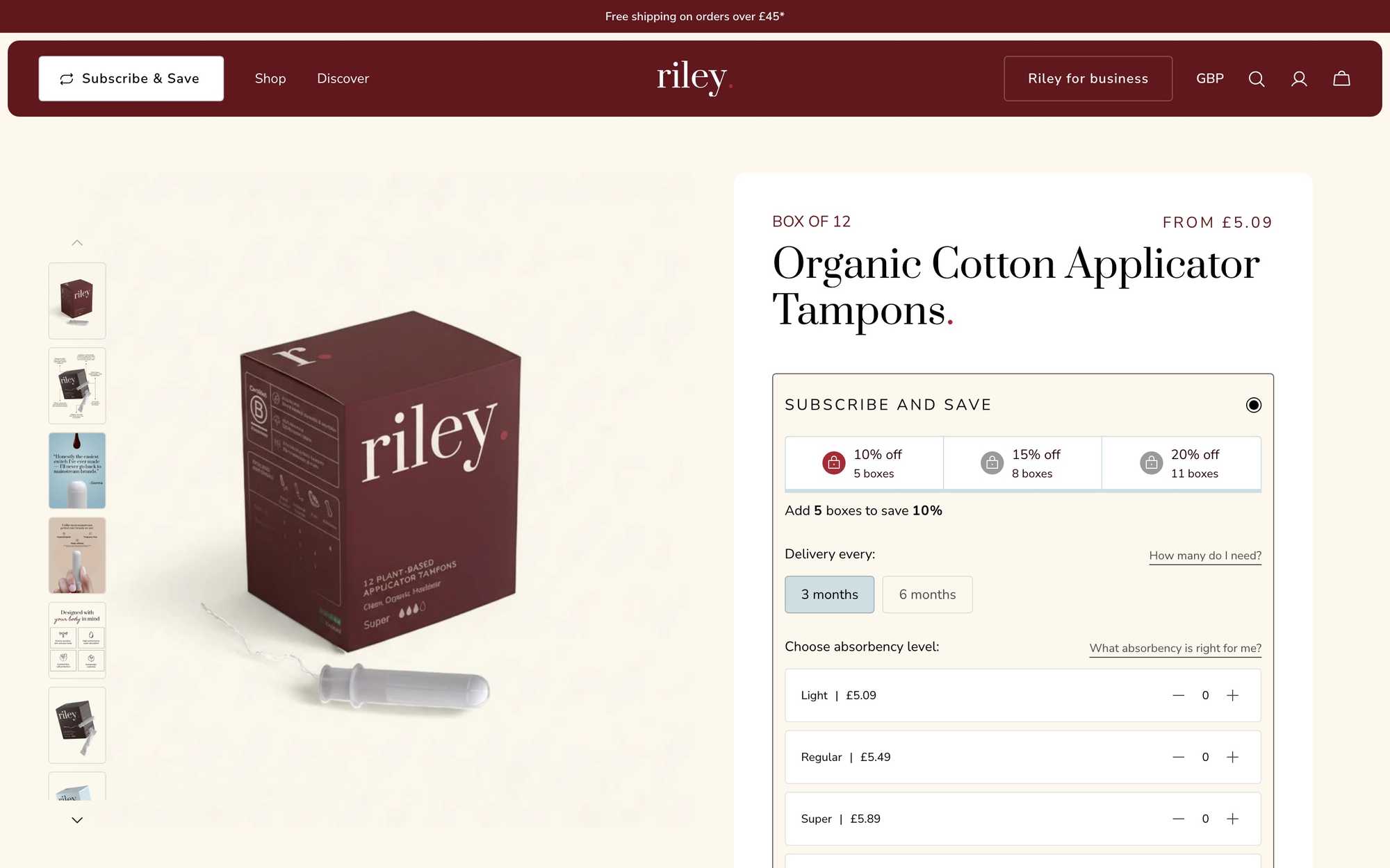 Riley subscription-first Shopify product page with subscribe and save options
