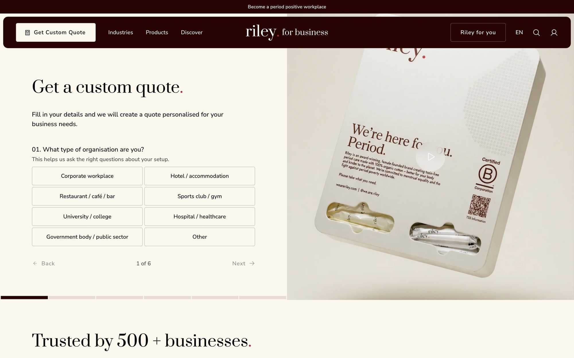 Riley for business custom quote quiz on Shopify Plus