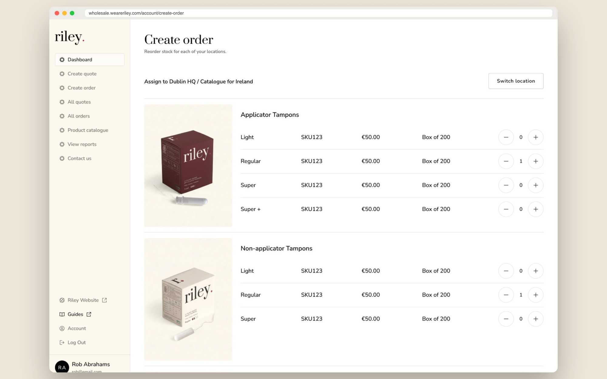 Riley B2B customer portal on Shopify Plus: create order by location