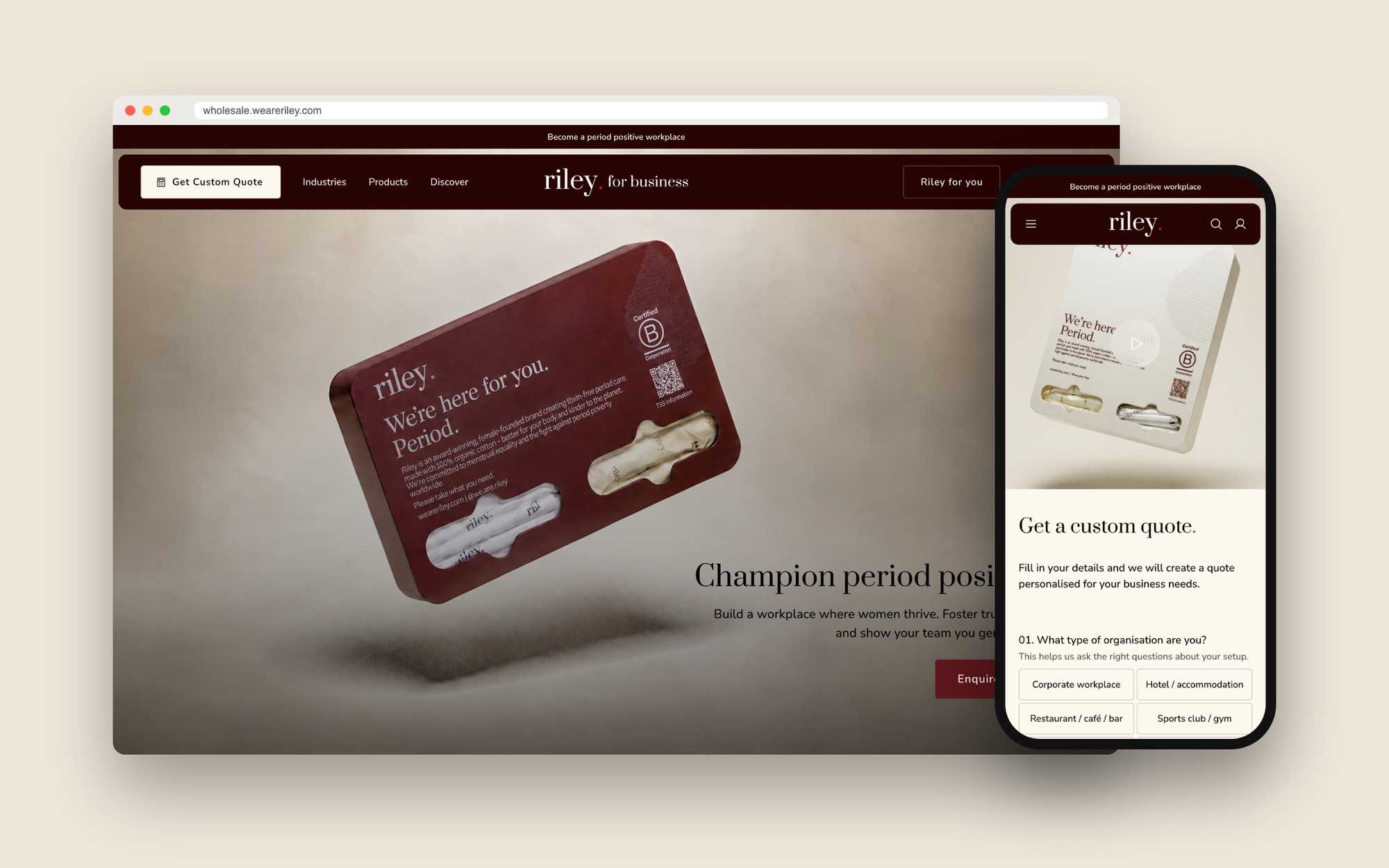 Riley B2B wholesale website and custom quote flow on desktop and mobile